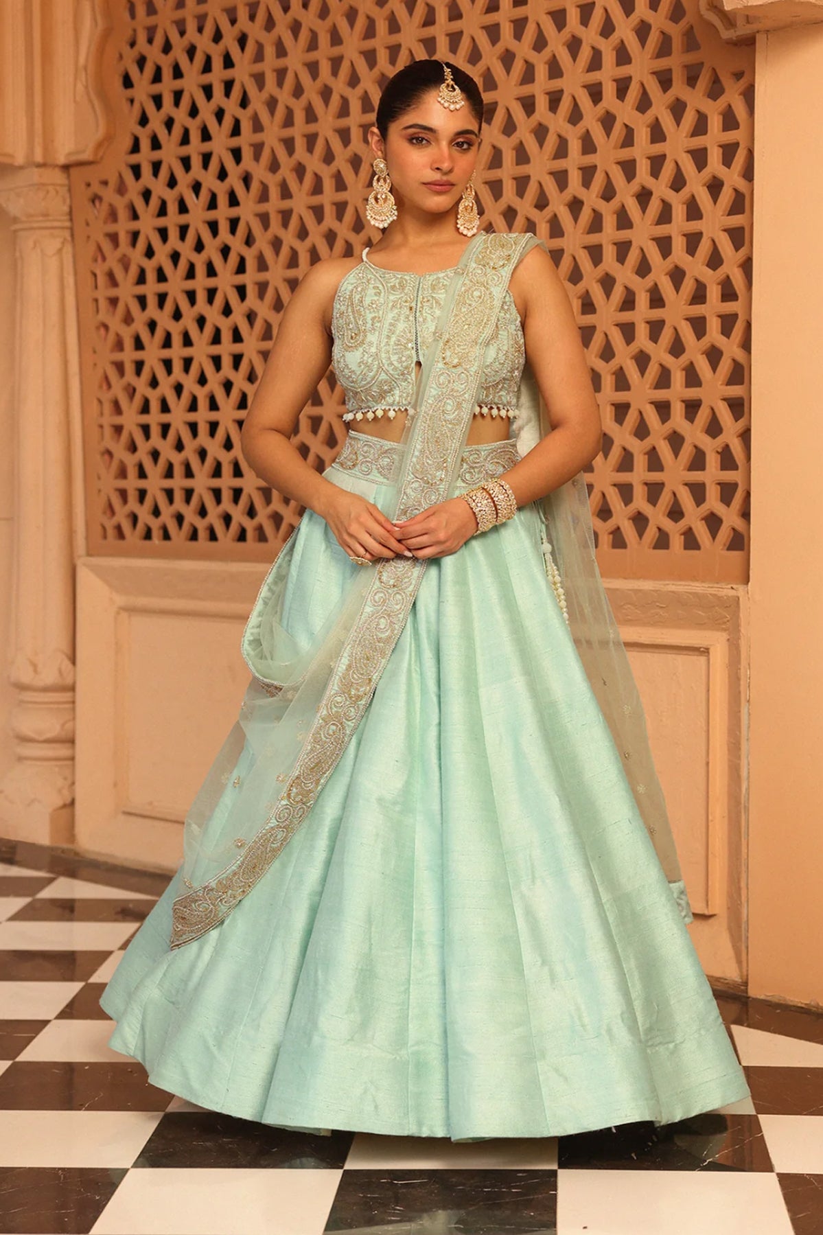 Afsa - Misty Green Lehenga with Blouse and Dupatta