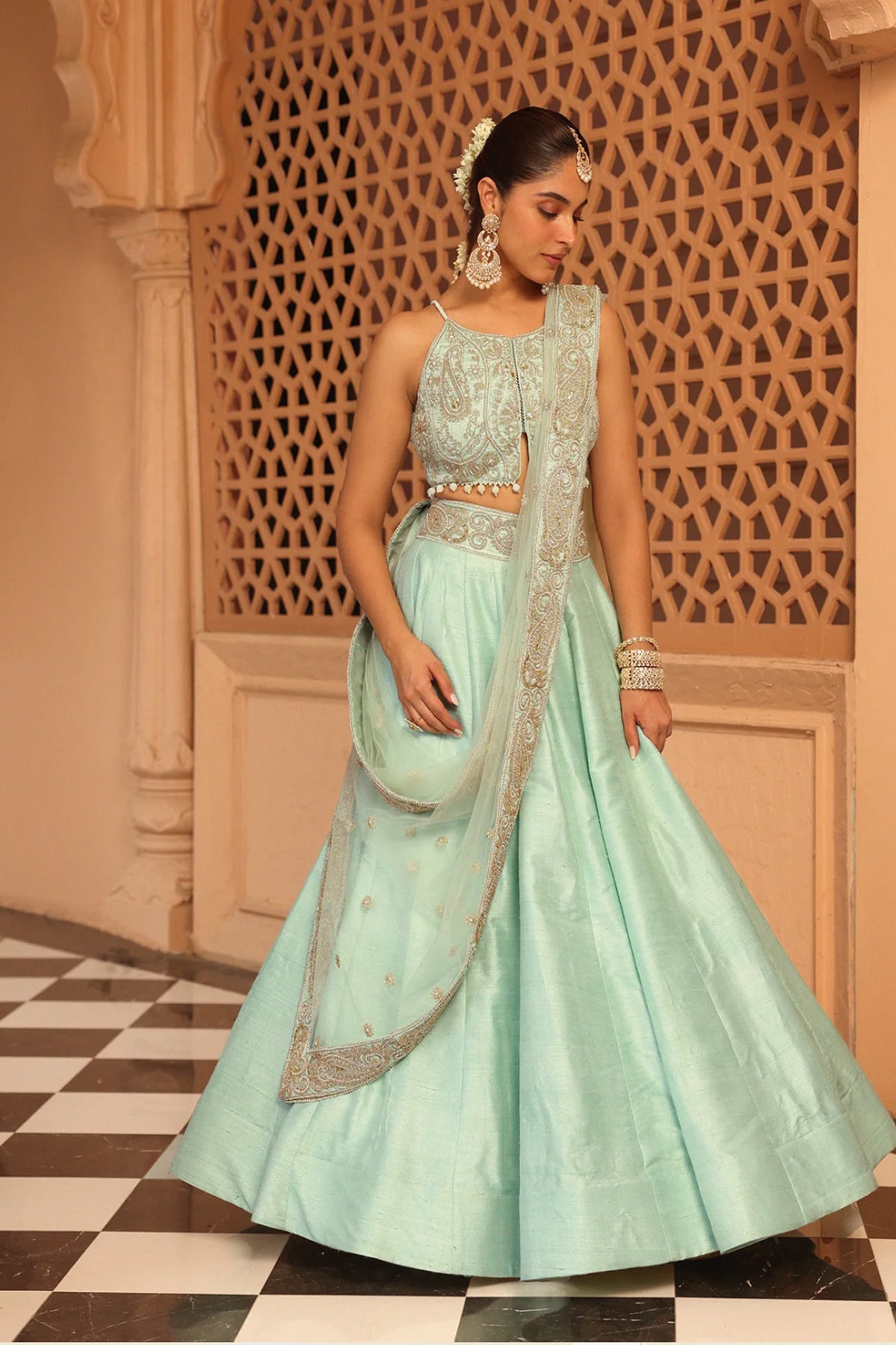 Afsa - Misty Green Lehenga with Blouse and Dupatta