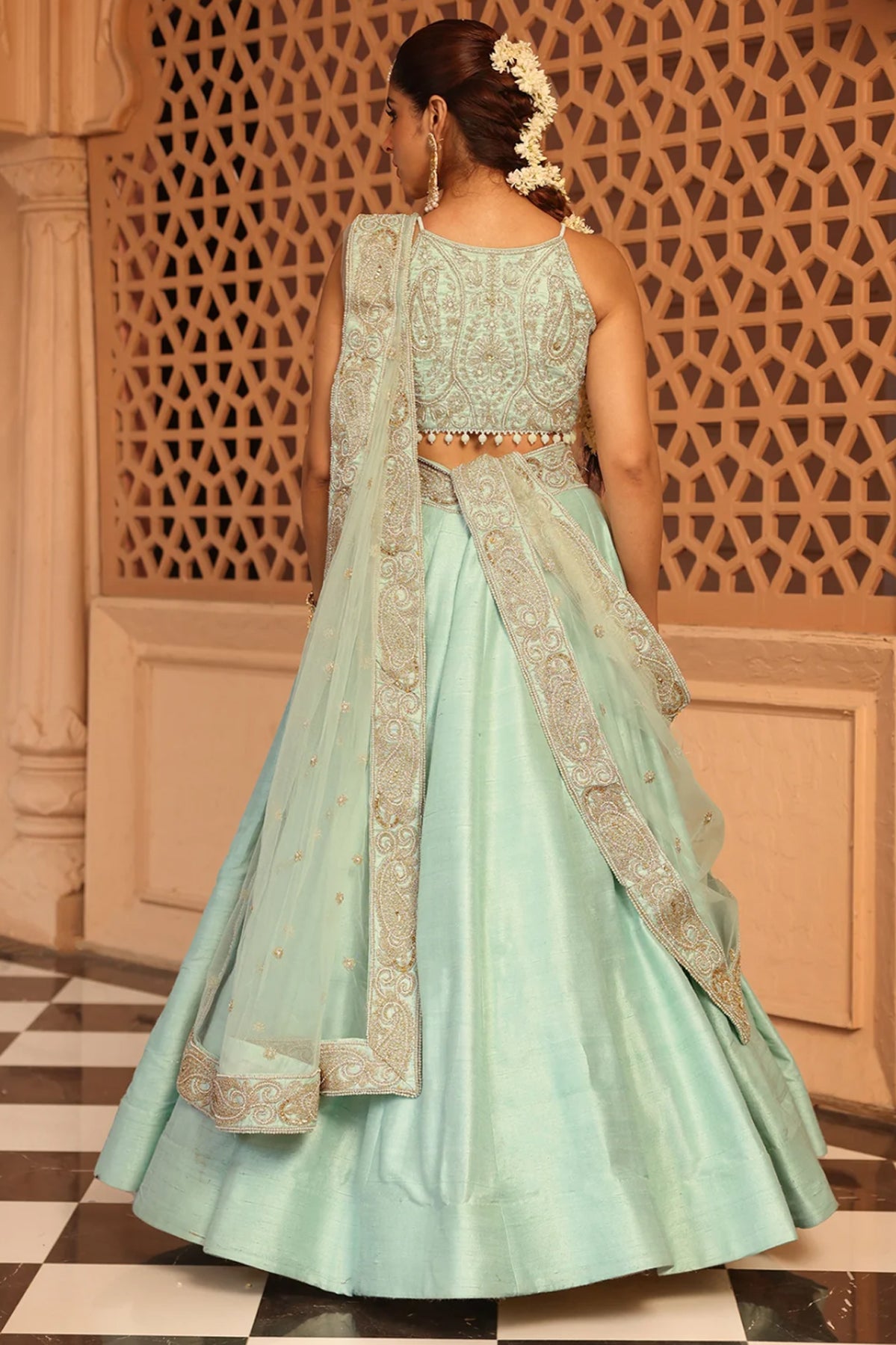 Afsa - Misty Green Lehenga with Blouse and Dupatta