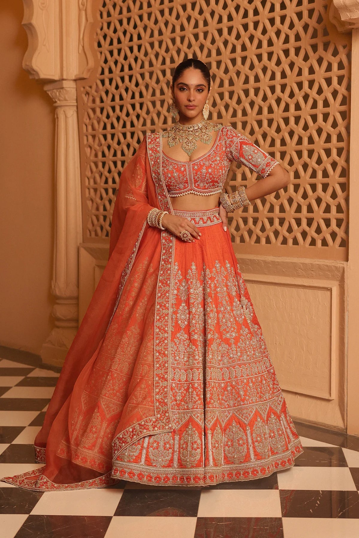 Faizah - Orange Lehenga with Blouse and Dupatta