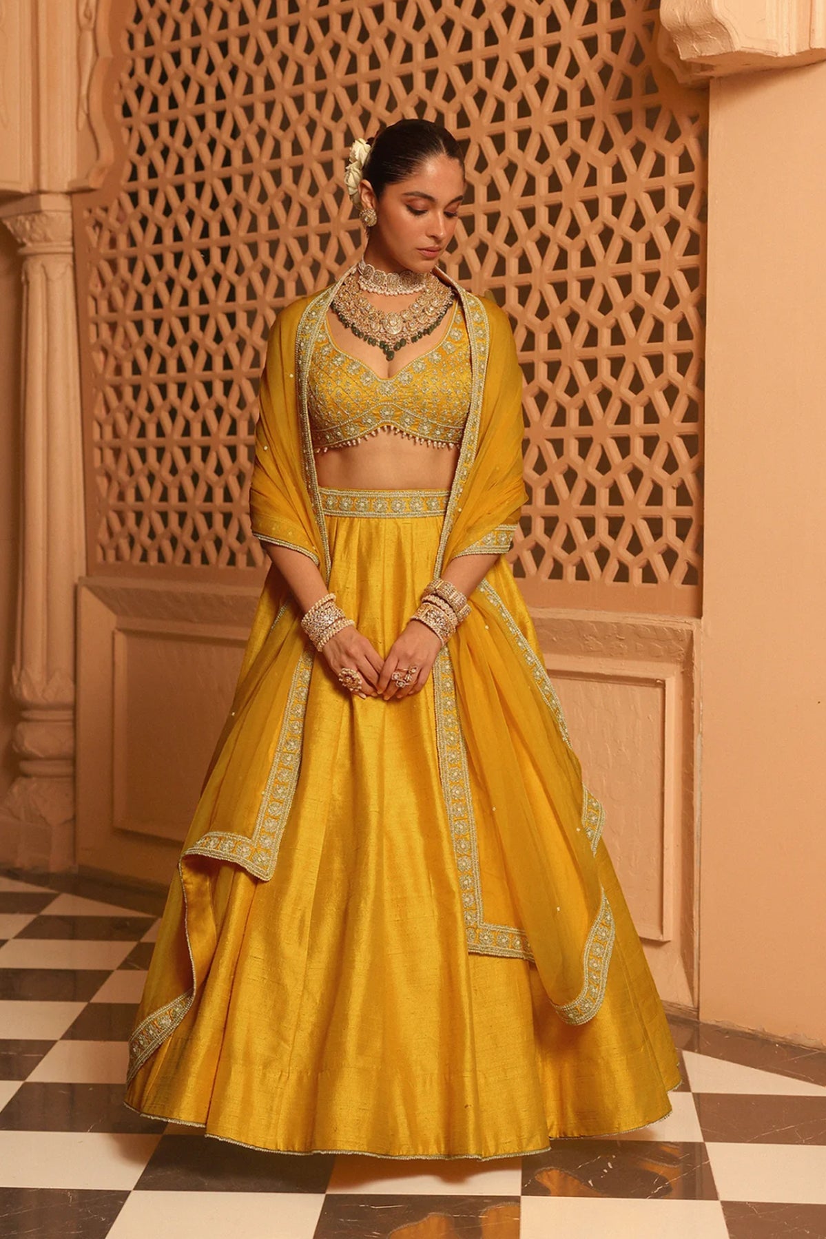 Mazhum - Mustard Lehenga with Blouse and Dupatta