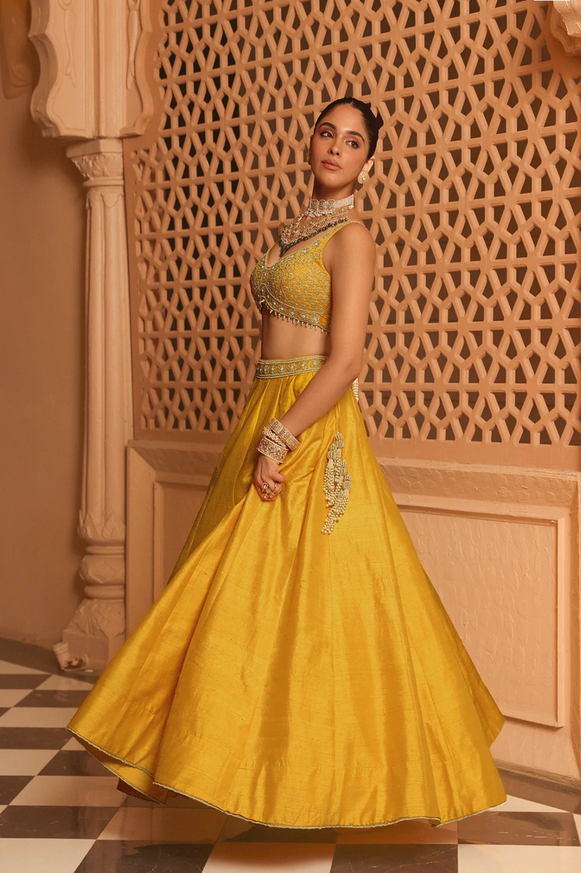 Mazhum - Mustard Lehenga with Blouse and Dupatta
