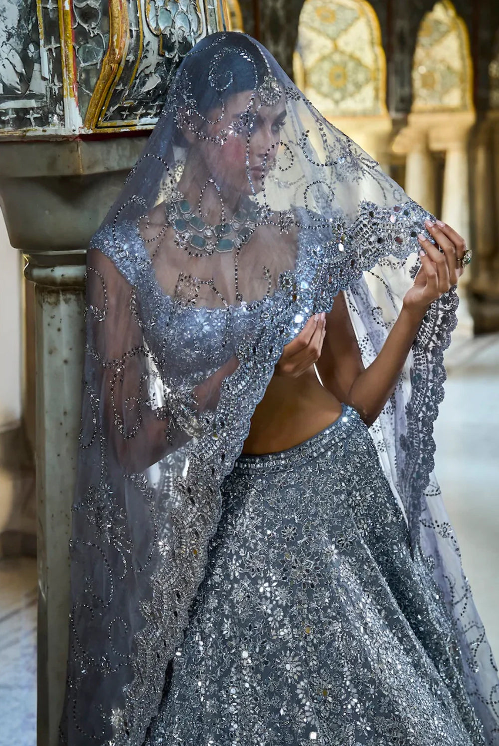 Steel Grey Mirror Work Lehenga Set