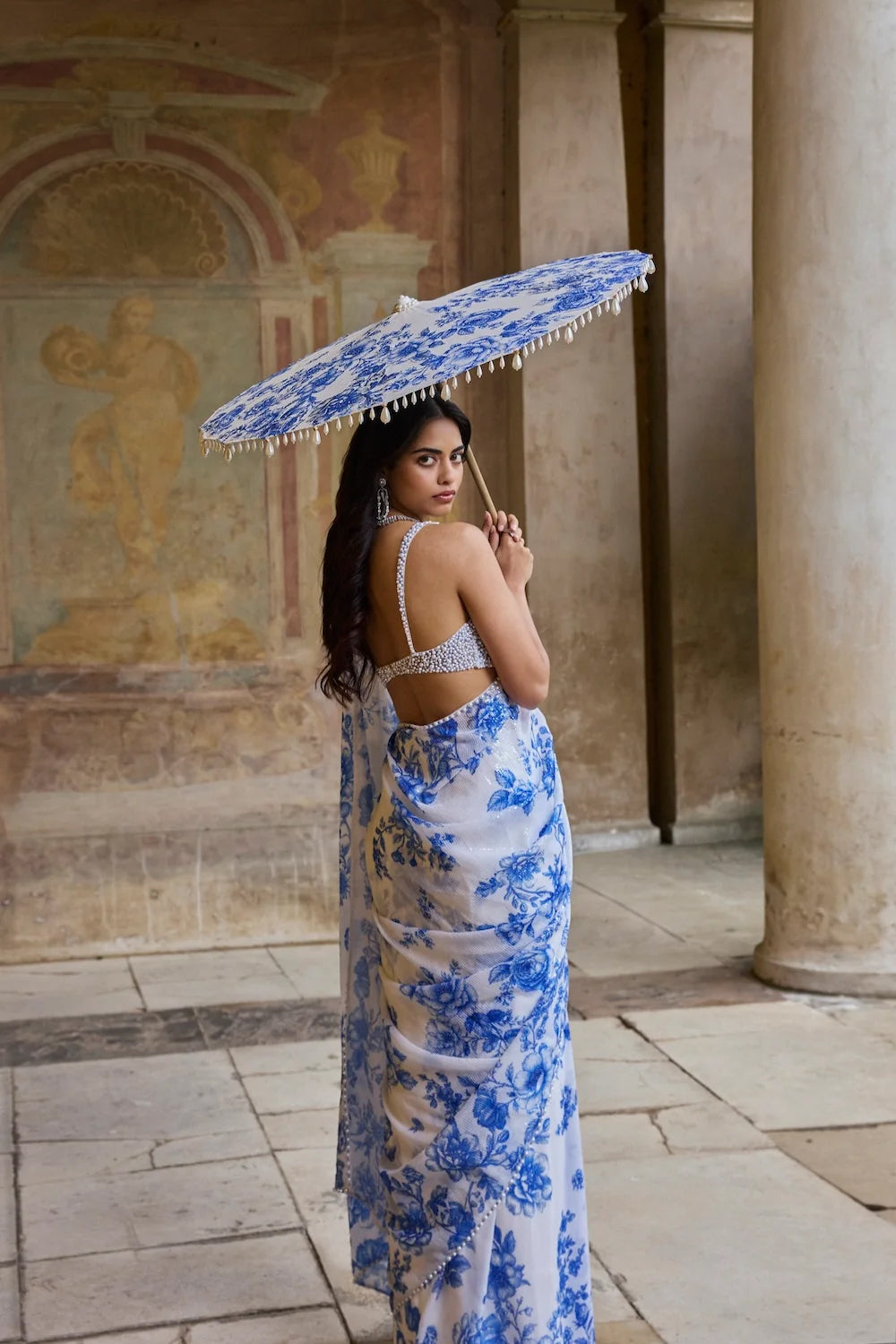 Ivory & Blue Sequin Saree