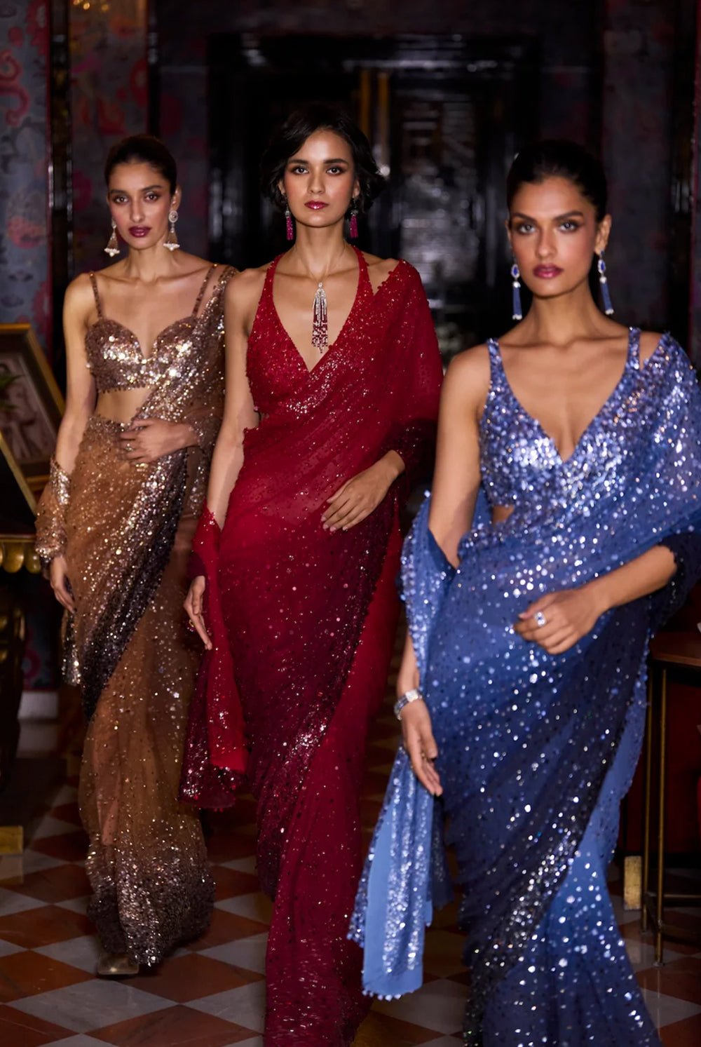 Red Ombre Sequin Georgette Saree