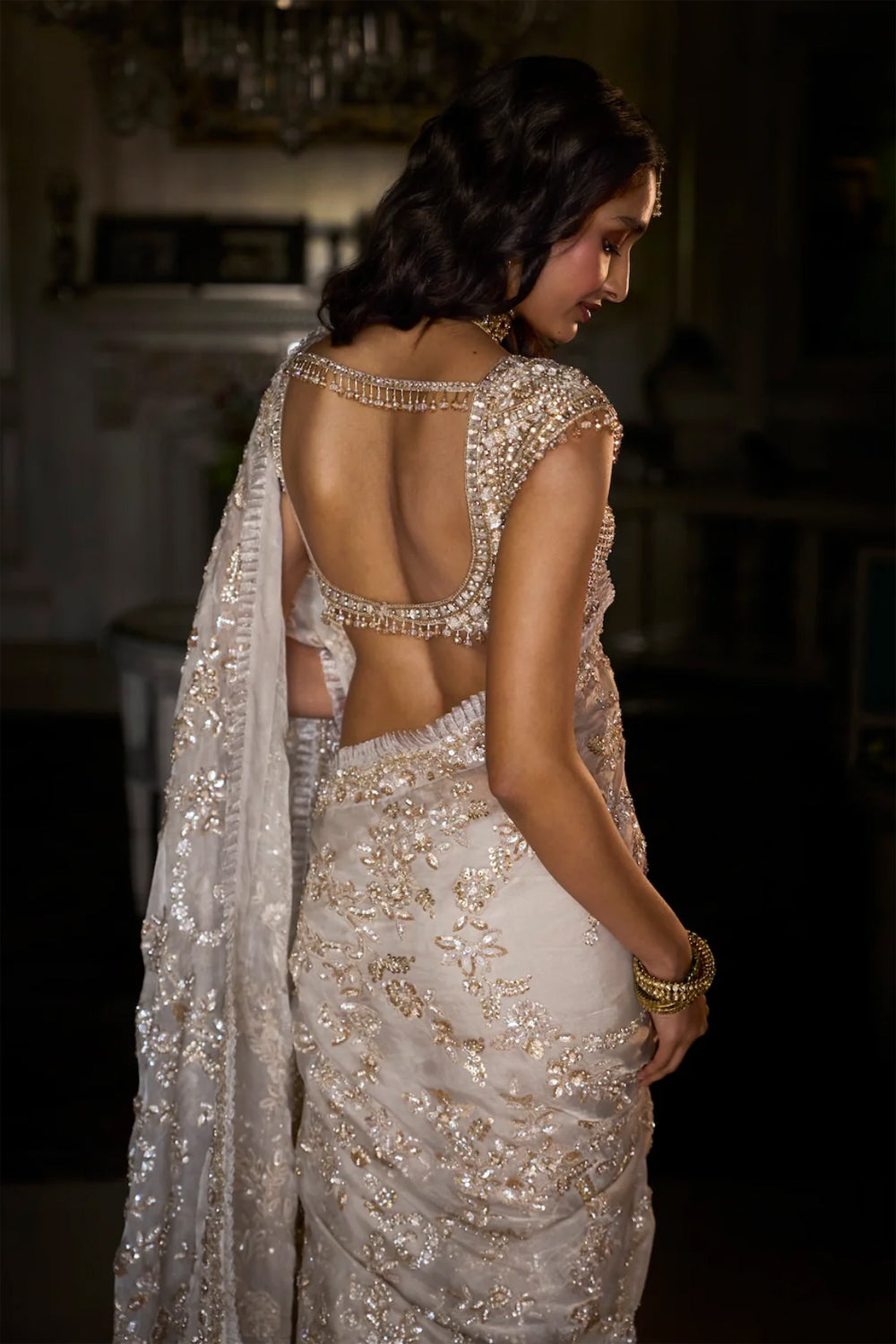Ivory Gold Sequin Saree
