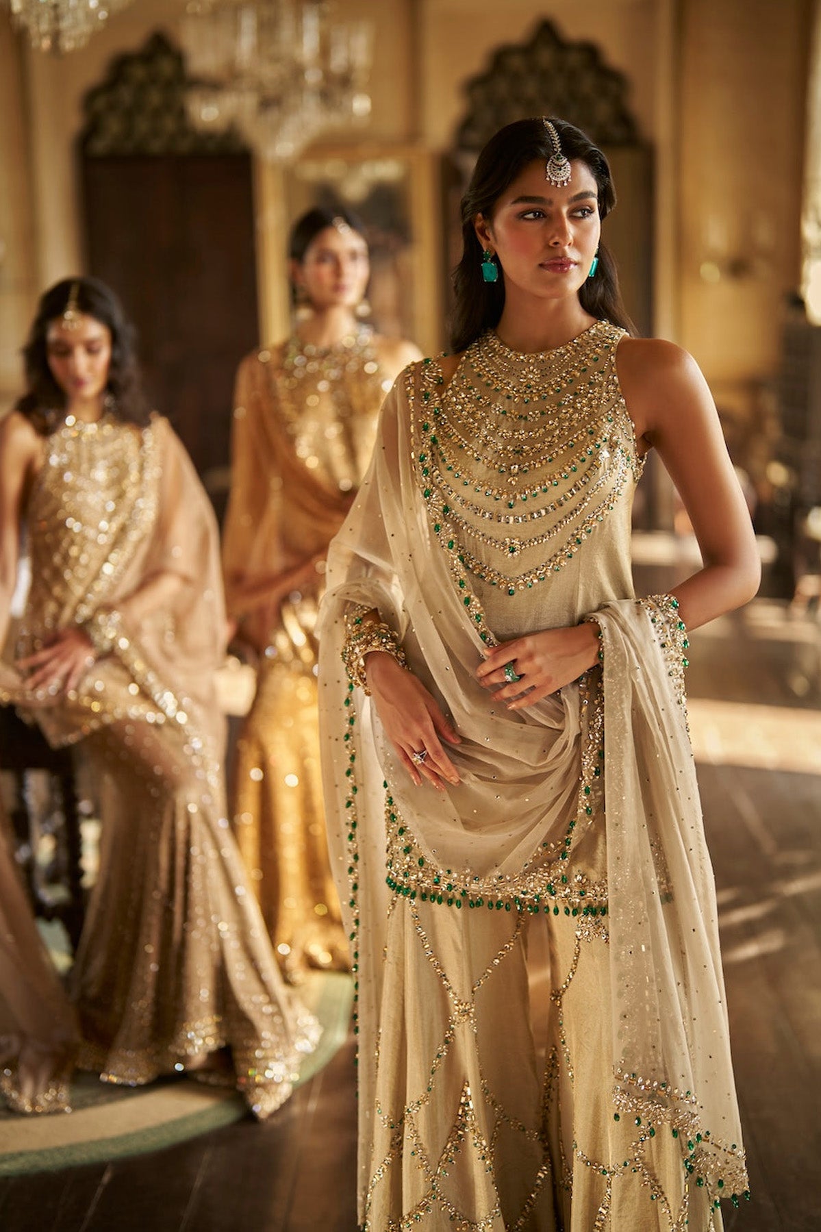 Champagne Emerald Crystal Sharara Set