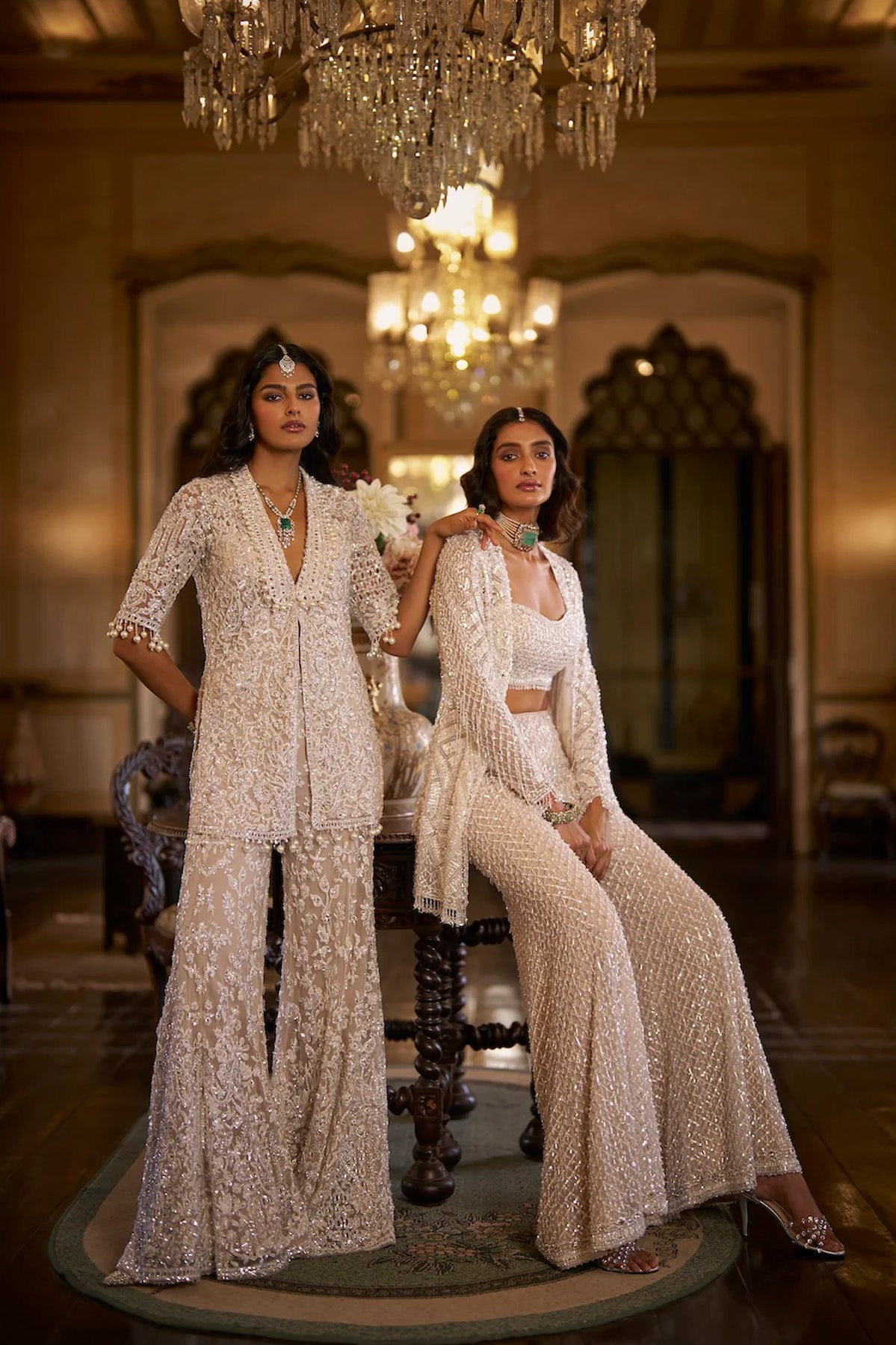 White Sequin Open Jacket - Sharara Pant