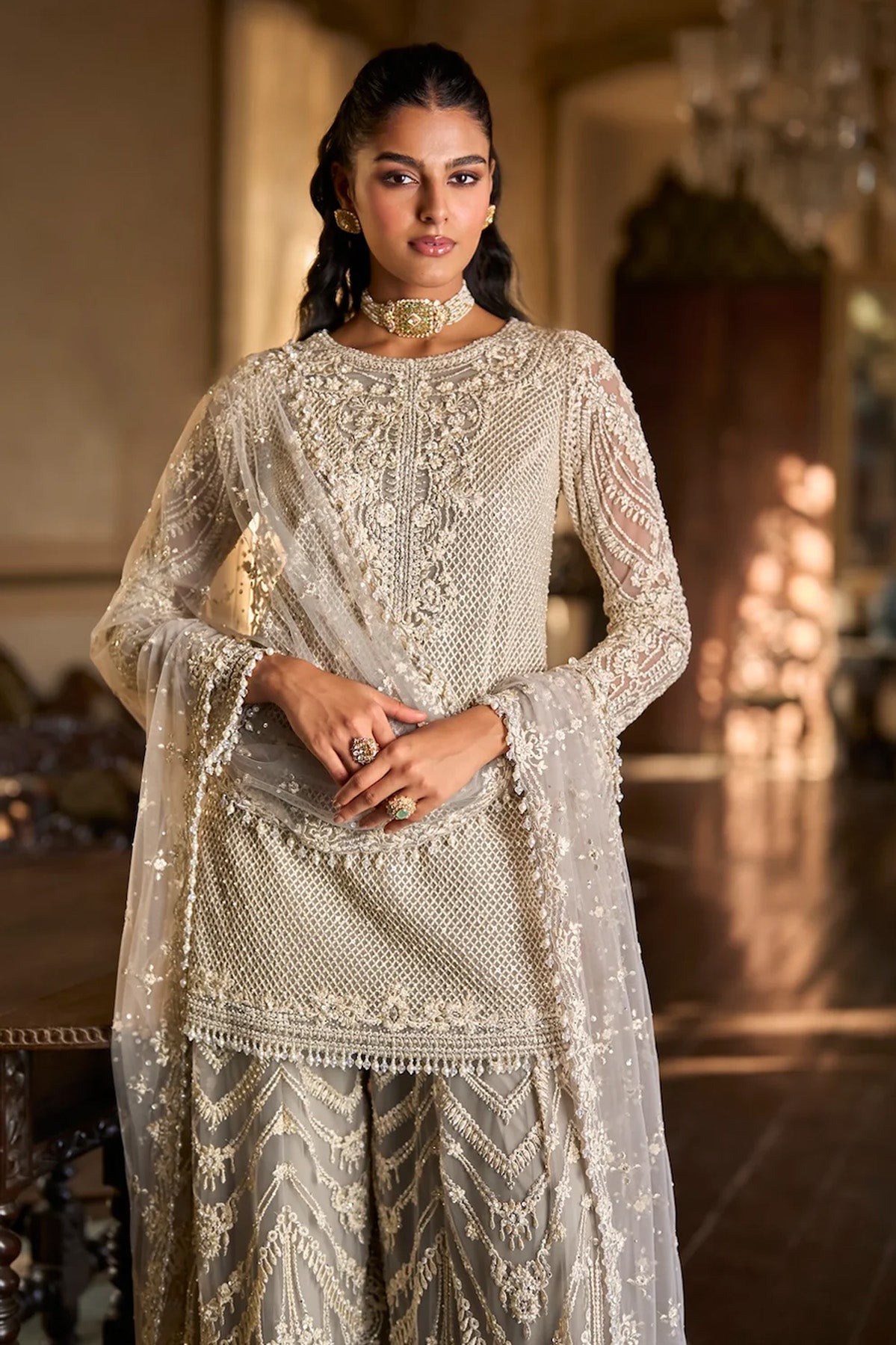 Grey Thread Work Sharara Set