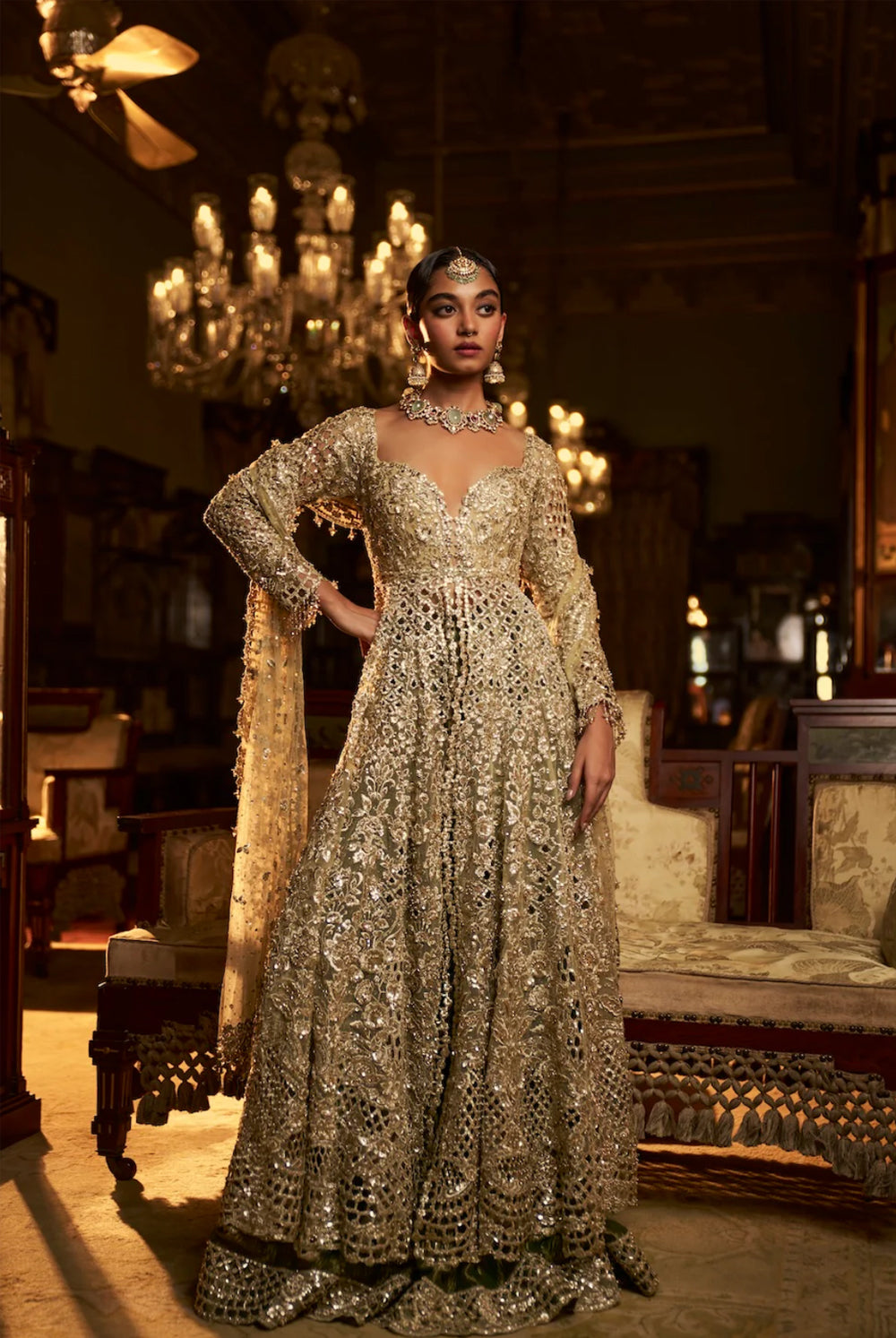 Sage Green Cut Work Jacket Sharara Set
