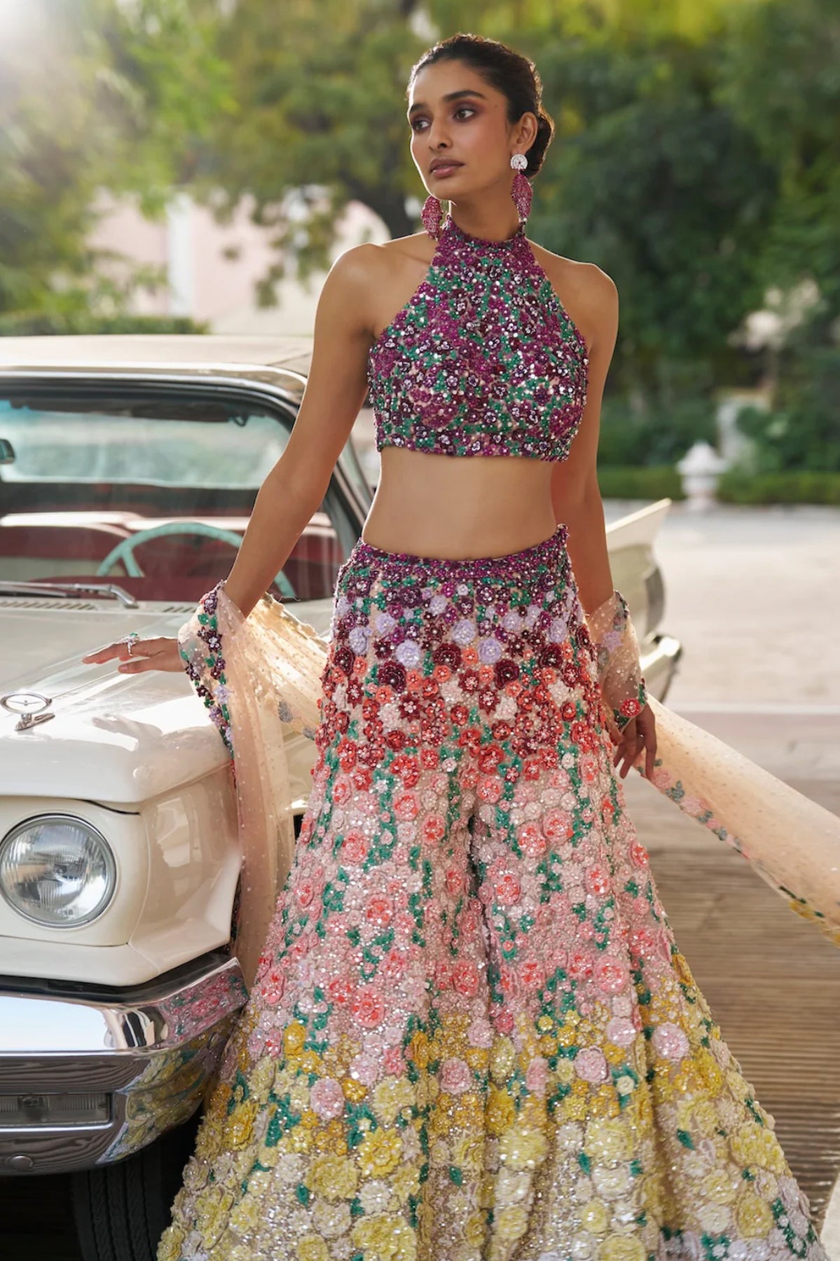 Ombre Multi-Coloured Three-Dimensional Floral Sharara Set