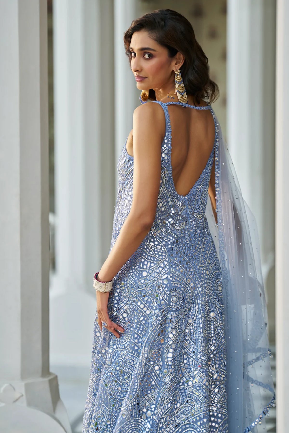 Blue Mirror Work Jacket Sharara Set