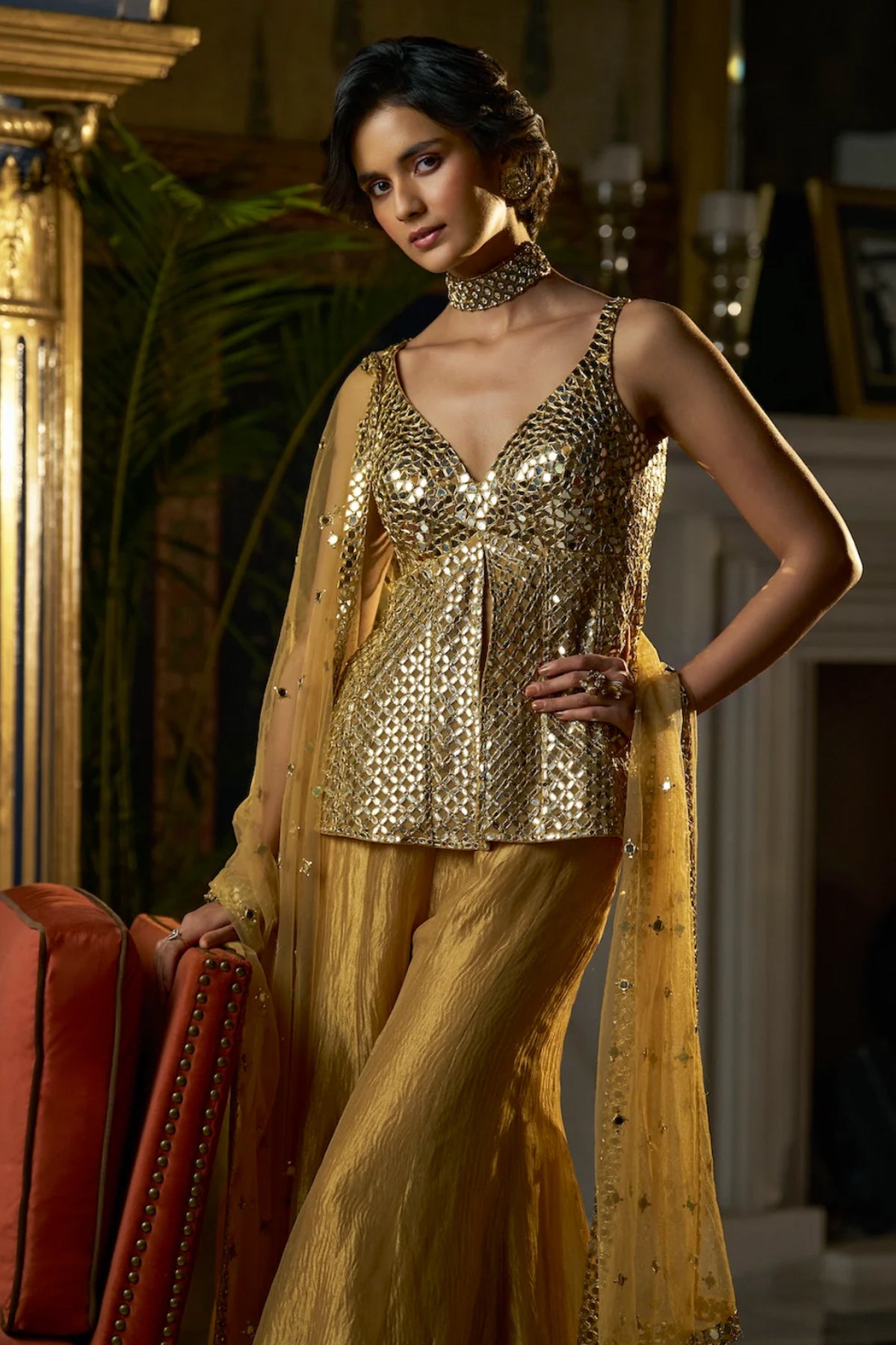 Gold Mirror Work Sharara Set
