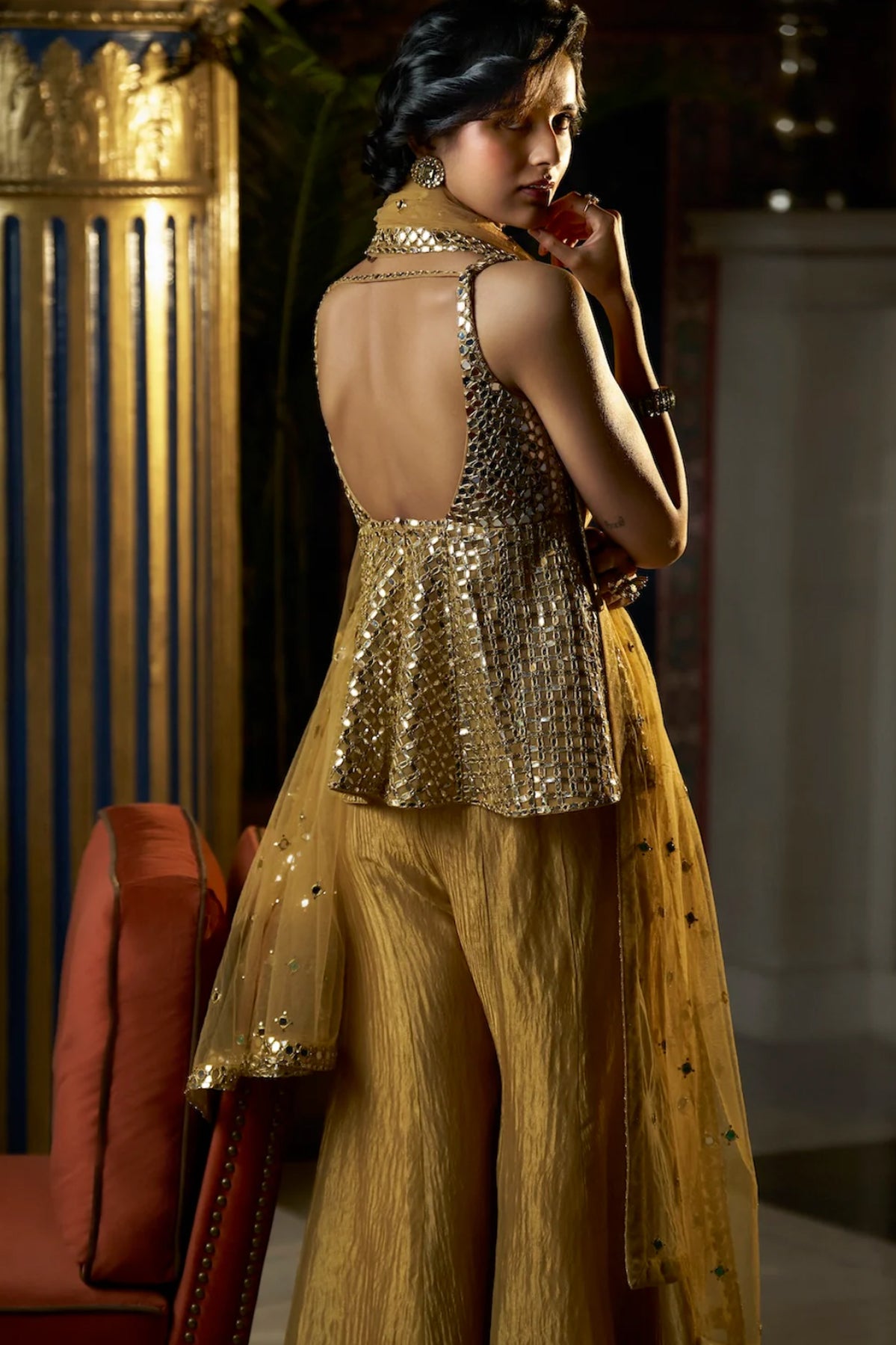 Gold Mirror Work Sharara Set