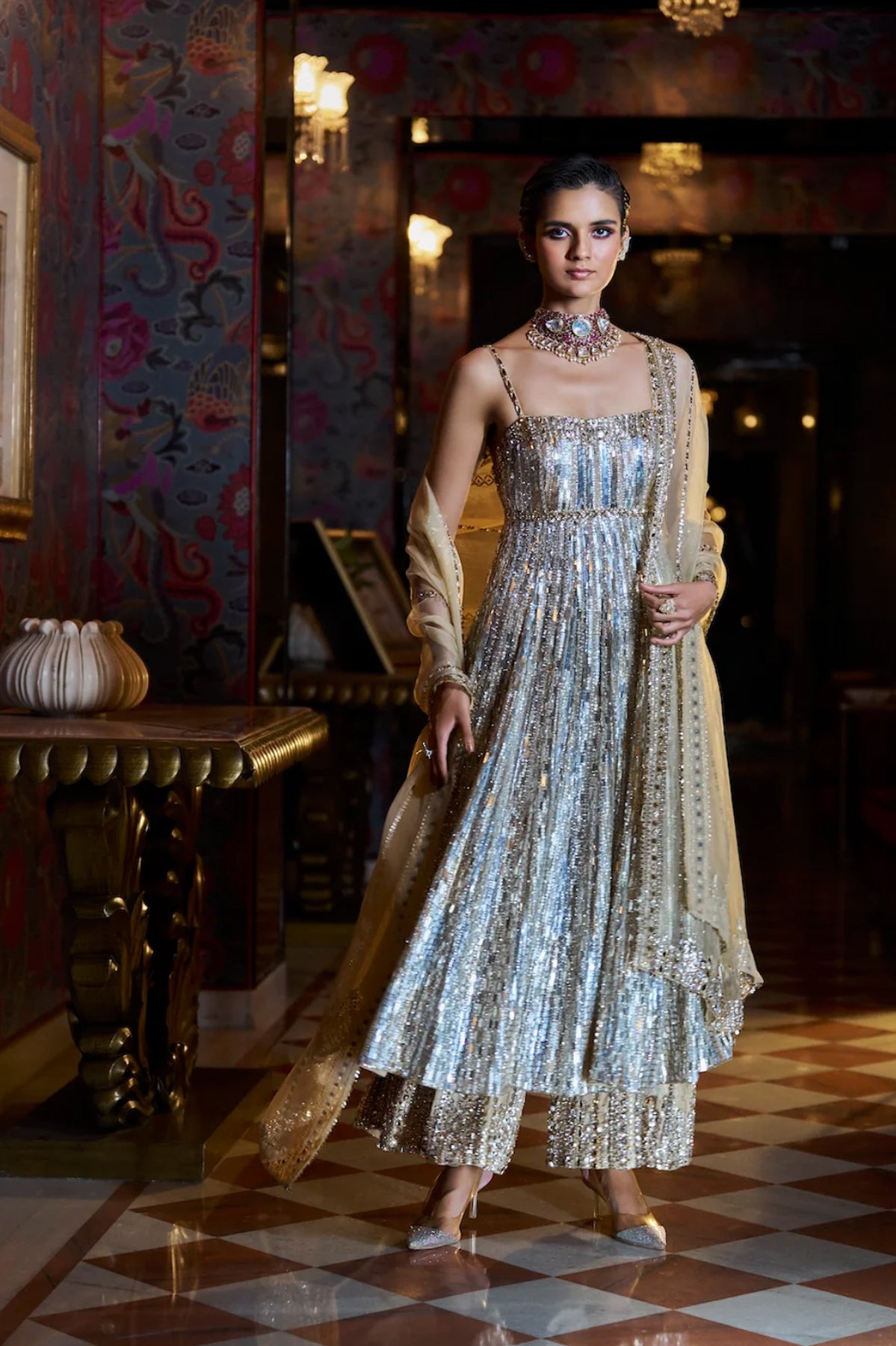 Gold Silver Crystal Sharara Set