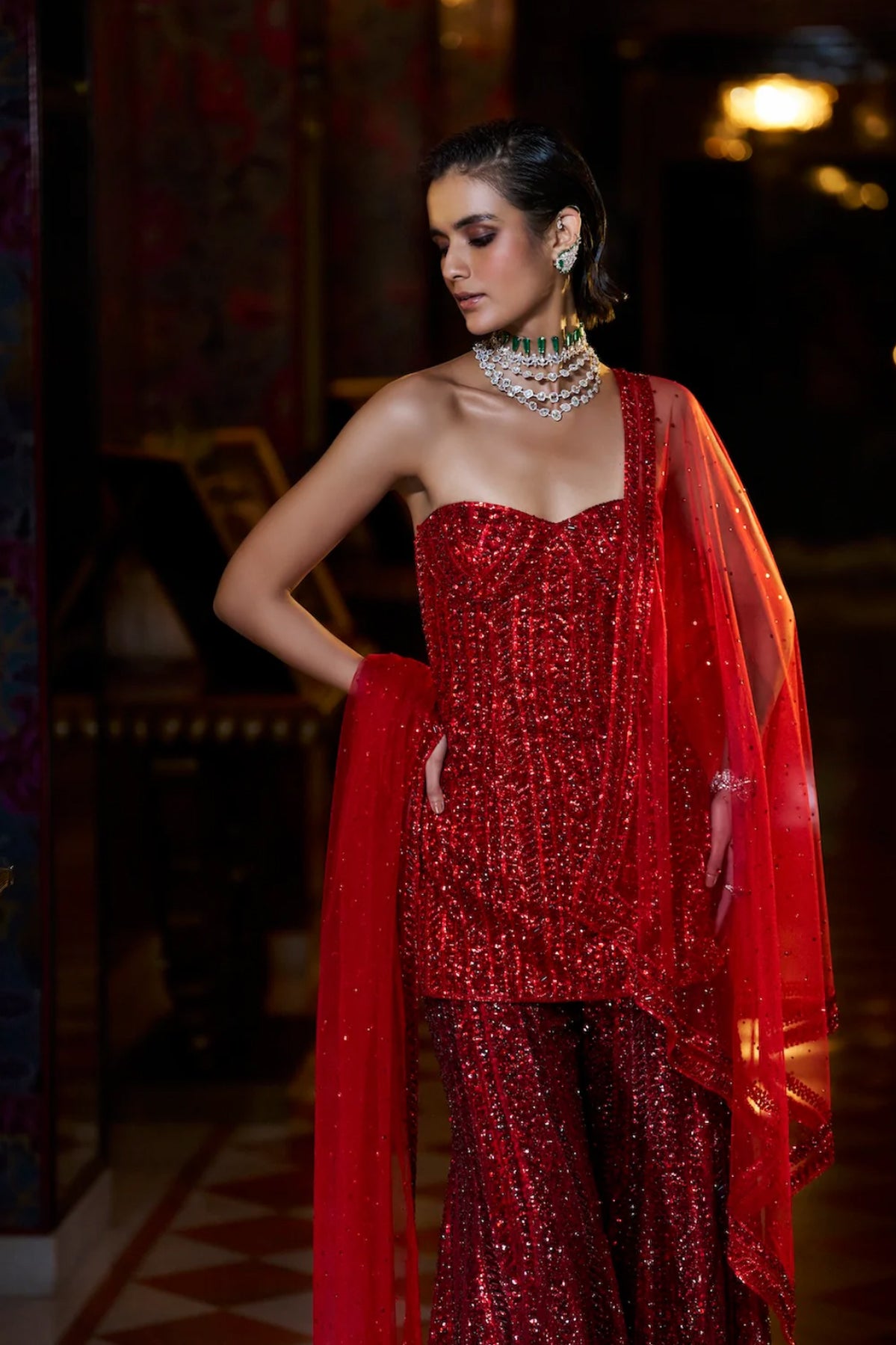 Off-Shoulder Red Sharara Set