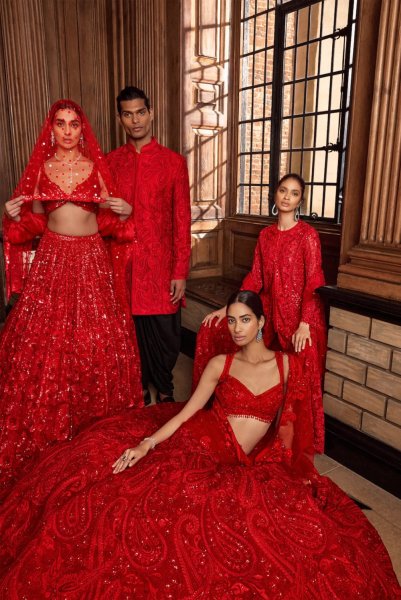 Red Floral Sequin Lehenga Set