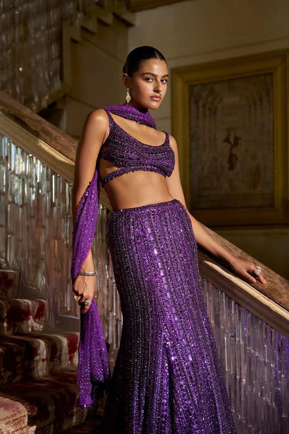 Purple Sequin Skirt Set