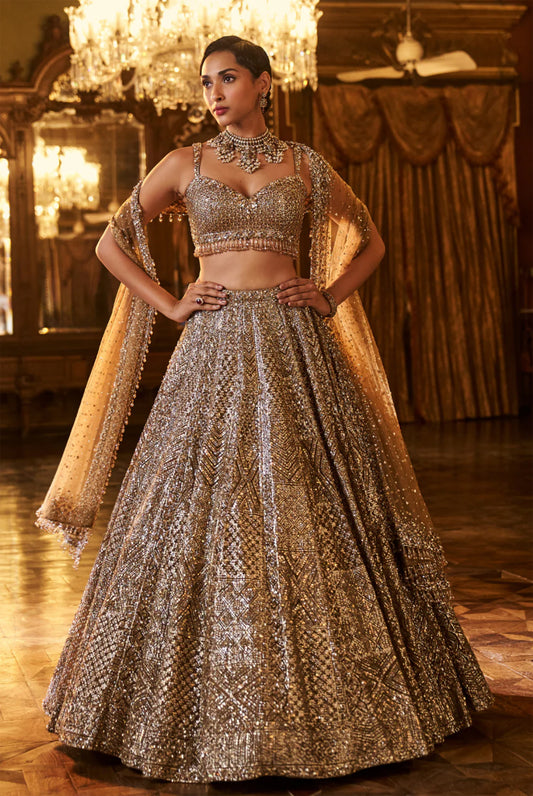 Antique Gold Sequin Lehenga Set