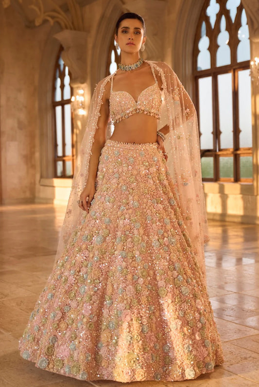 Multi-Coloured Three-Dimensional Floral Lehenga Set