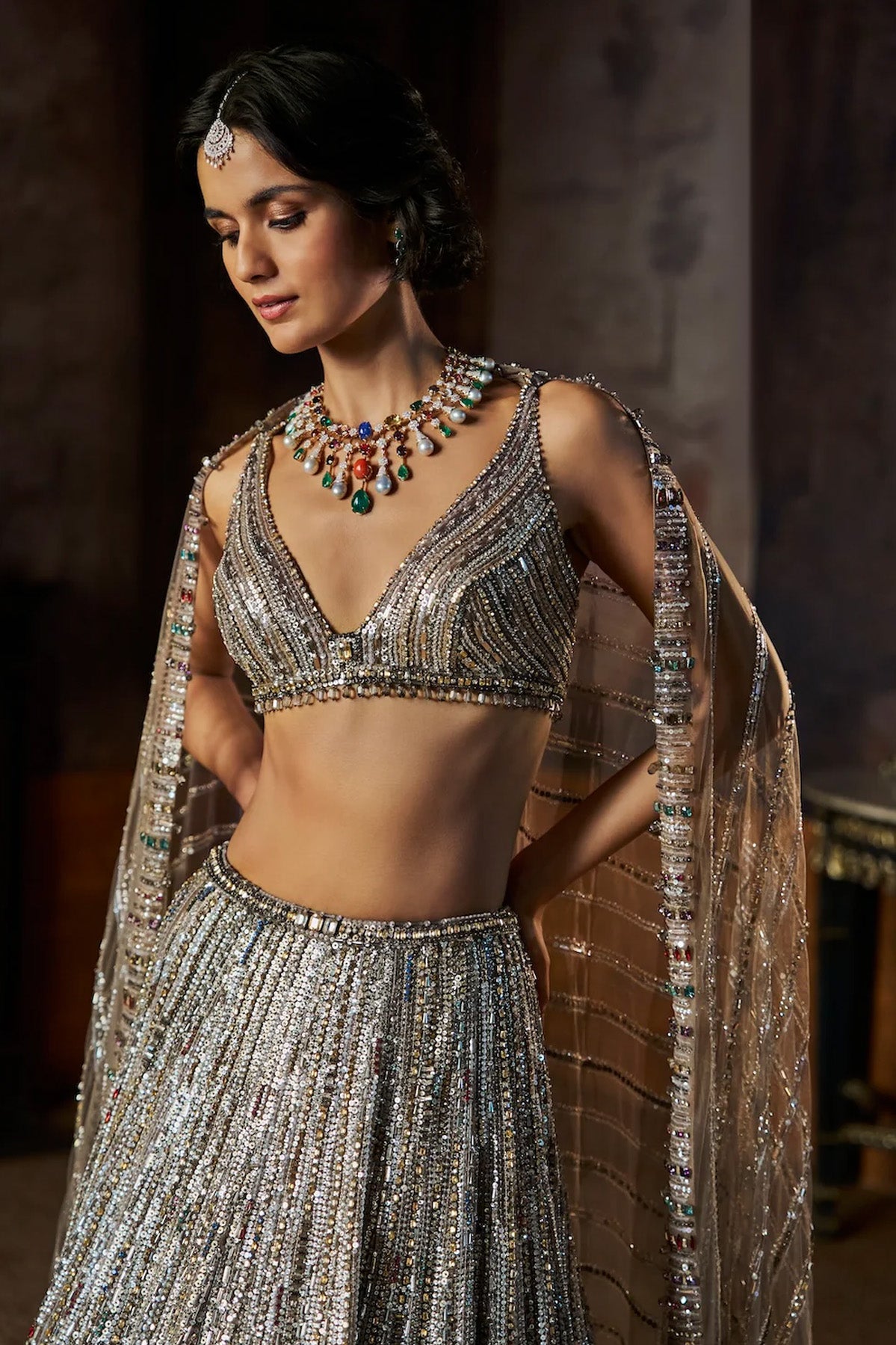 Charcoal Multi-Coloured Crystal Lehenga