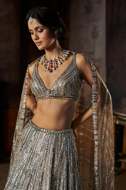 Charcoal Multi-Coloured Crystal Lehenga