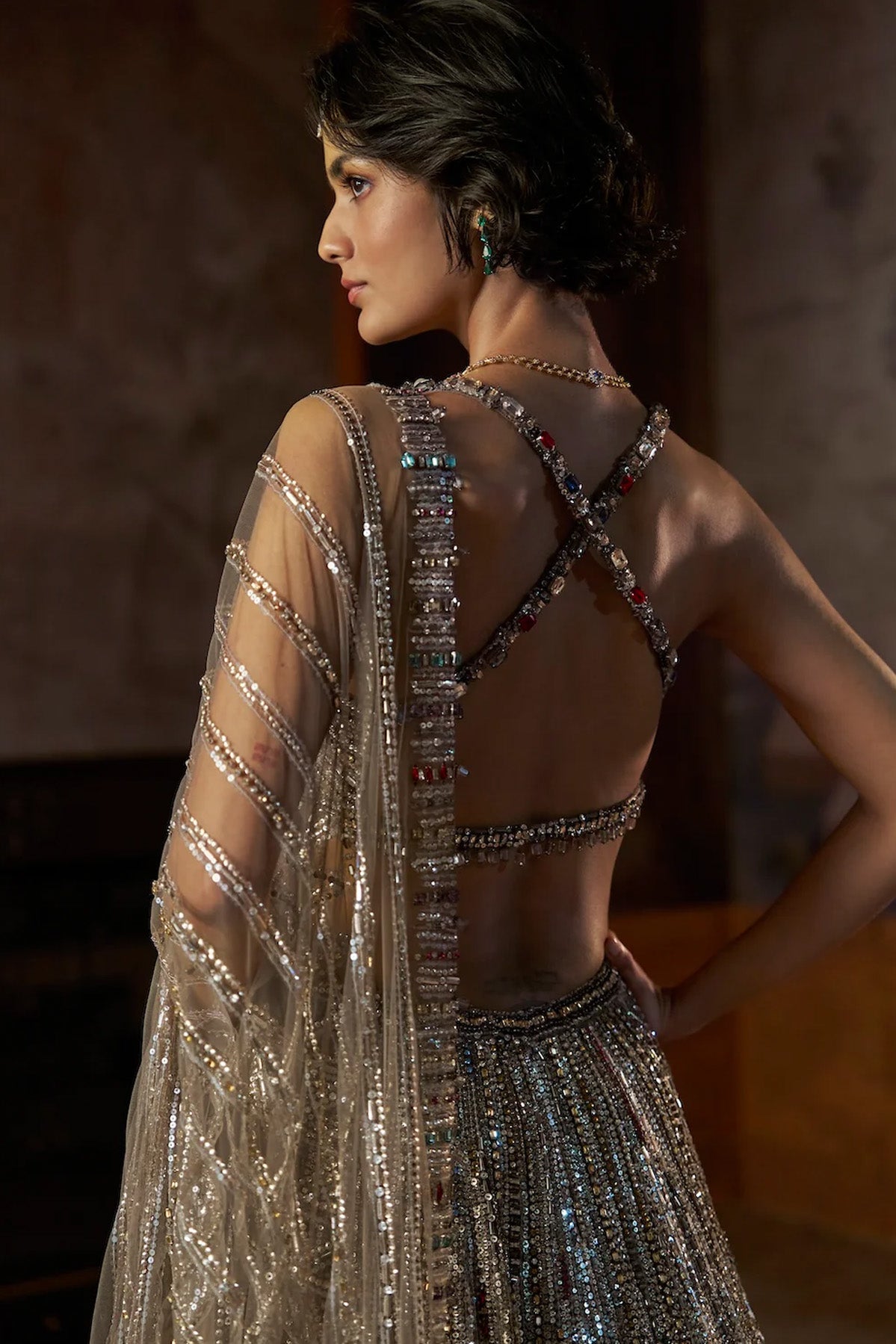Charcoal Multi-Coloured Crystal Lehenga
