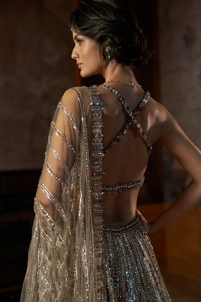 Charcoal Multi-Coloured Crystal Lehenga