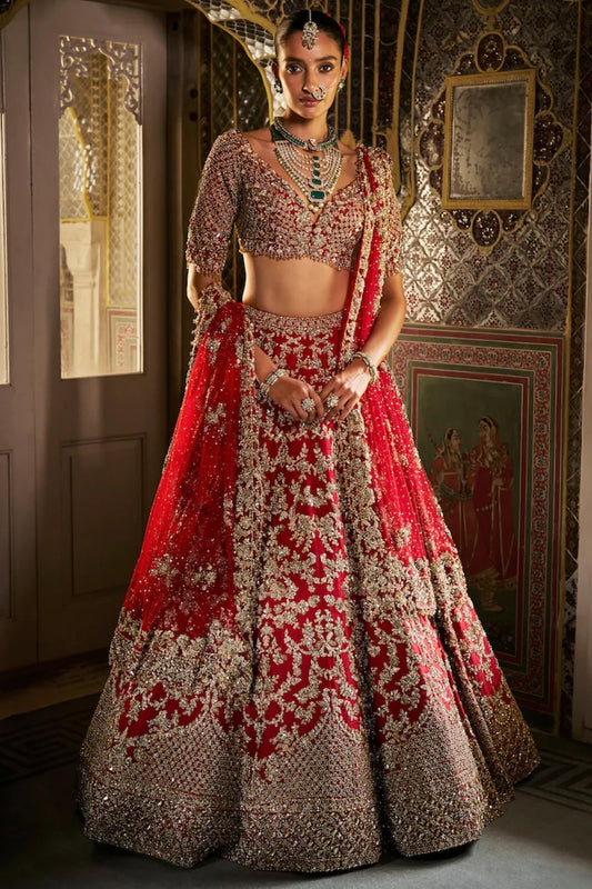 Red Crystal Zardosi Lehenga Set