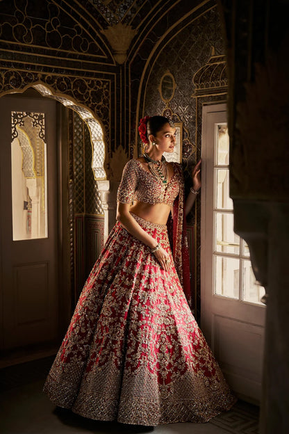 Red Crystal Zardosi Lehenga Set
