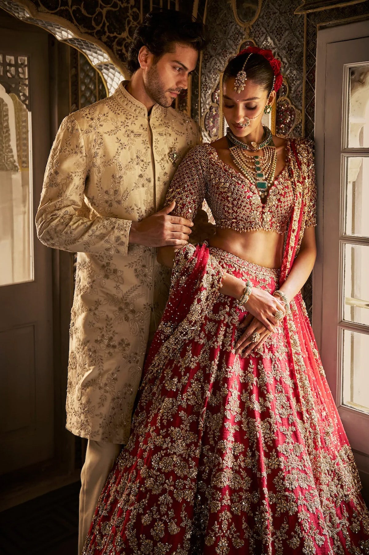 Red Crystal Zardosi Lehenga Set