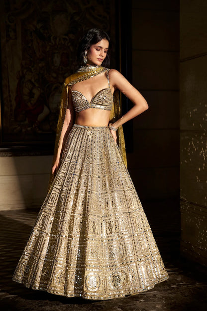 Antique Gold Mirror Work Lehenga Set
