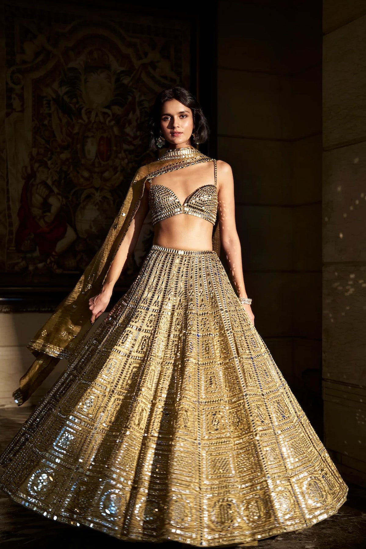 Antique Gold Mirror Work Lehenga Set