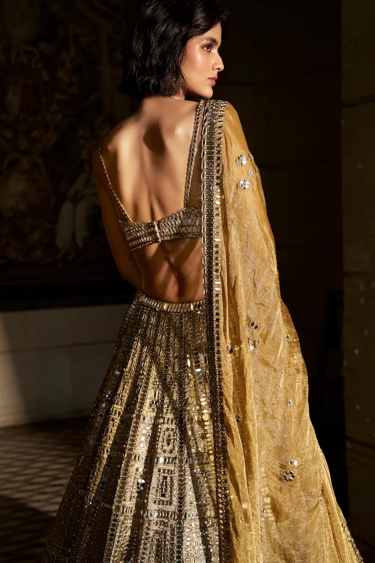 Antique Gold Mirror Work Lehenga Set