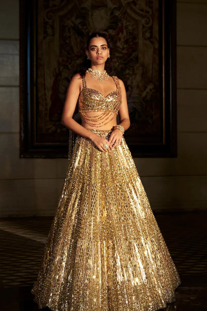 Gold Crystal Lehenga Set