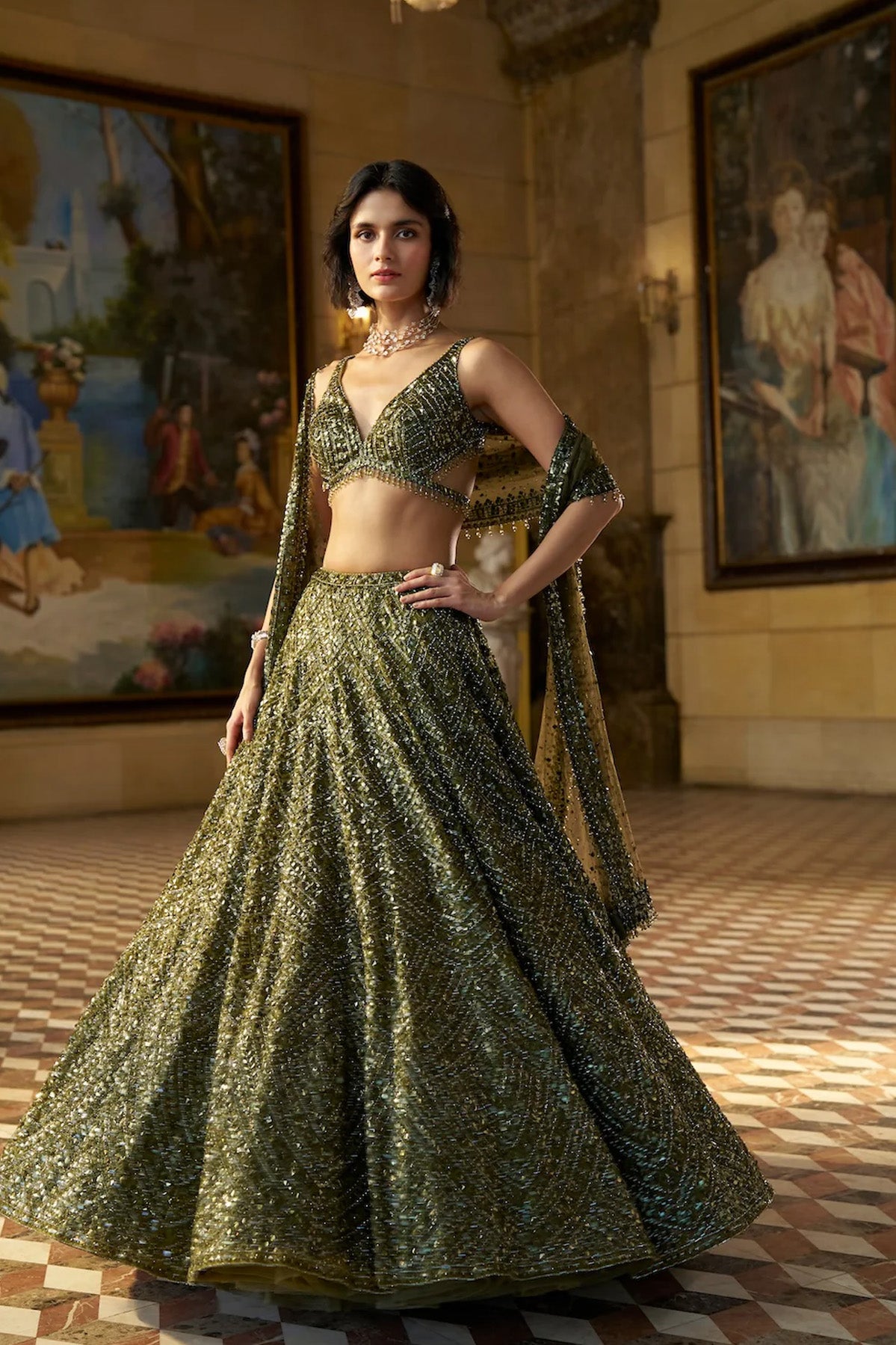 Moss Green Sequin Lehenga Set