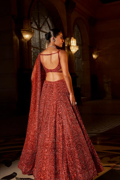 Brick Red Crystal Lehenga Set