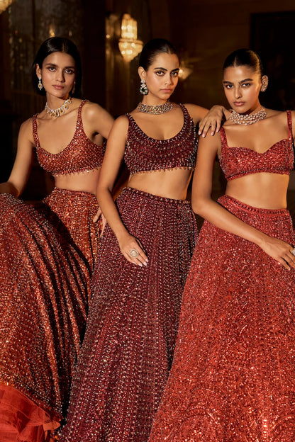 Brick Red Crystal Lehenga Set