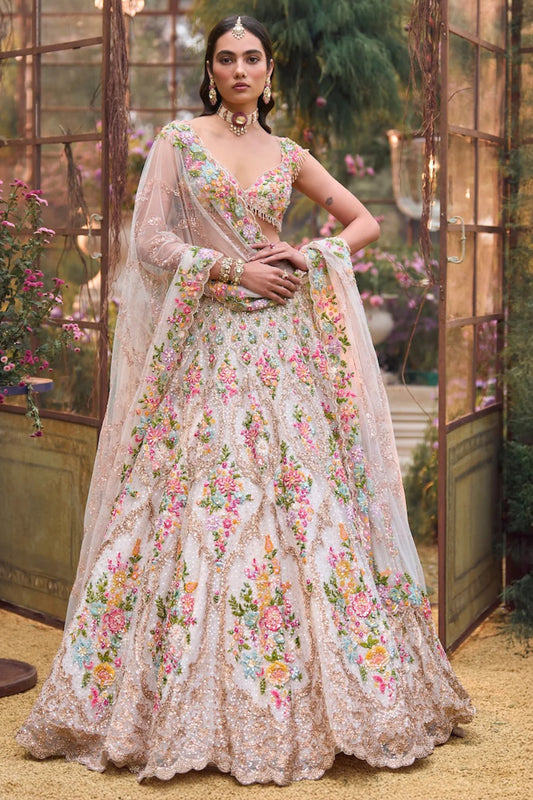 Cream Multi-Coloured Floral Lehenga Set