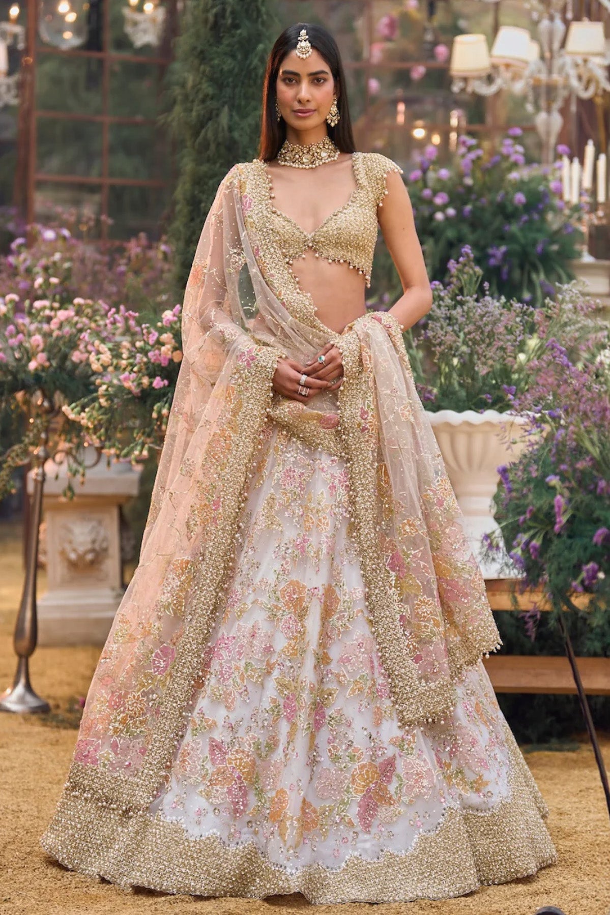 Cream Gold Floral Lehenga Set