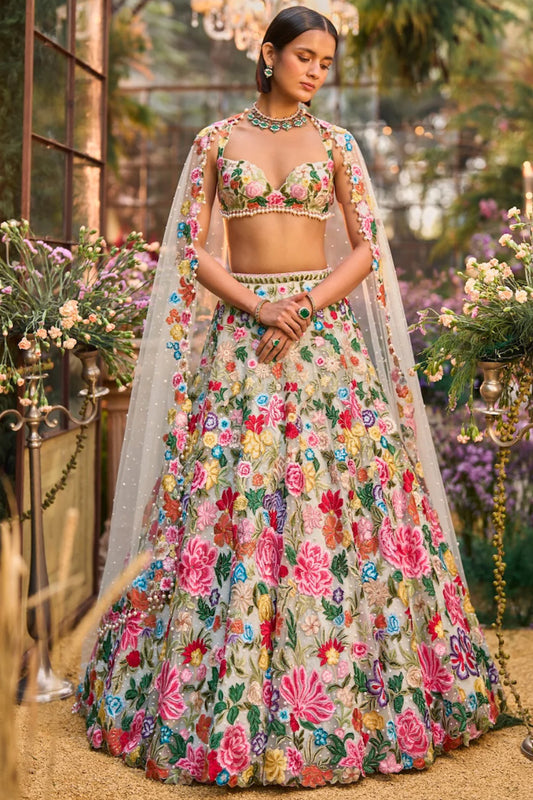 Multi-Coloured Floral Lehenga Set