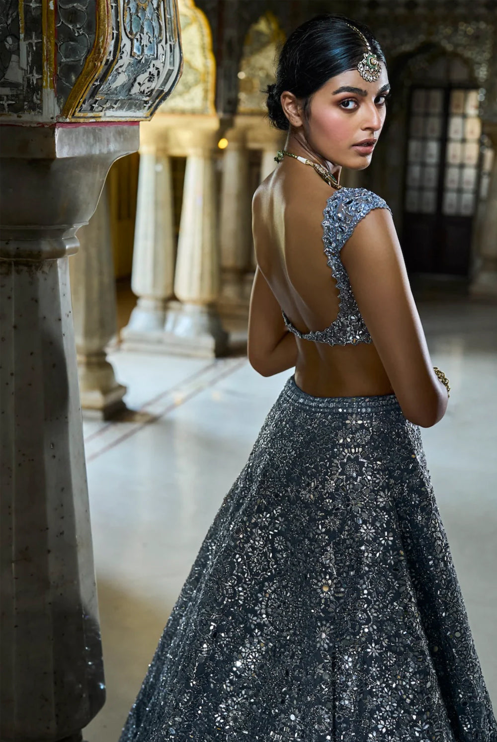 Steel Grey Mirror Work Lehenga Set