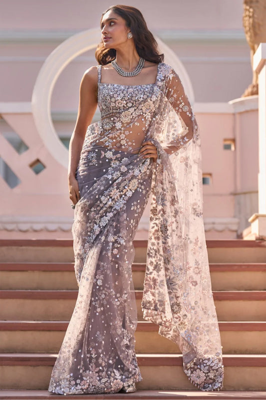 Stone Grey Multi-Coloured Floral Saree
