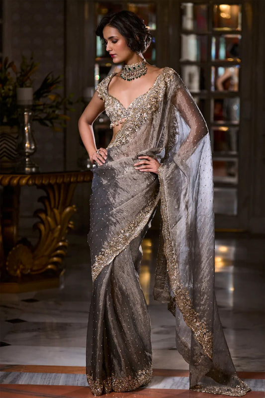Stone Grey Tissue Organza Saree