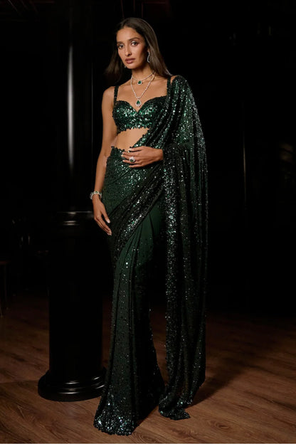 Emerald Green Ombre Sequin Georgette Saree
