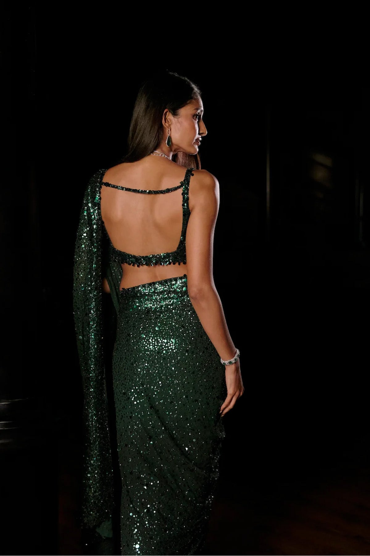 Emerald Green Ombre Sequin Georgette Saree