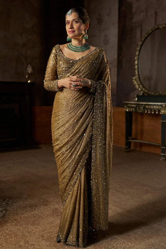 Antique Gold Georgette Sequin Saree