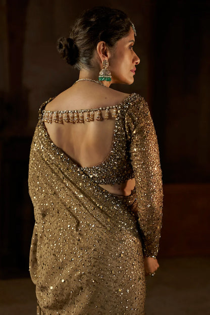 Antique Gold Georgette Sequin Saree