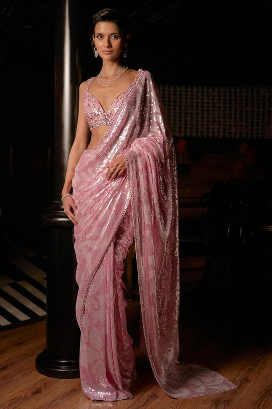 Pink Sequin Georgette Saree