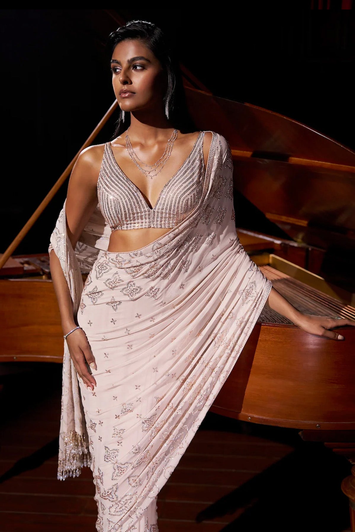 Nude Crystal Georgette Saree